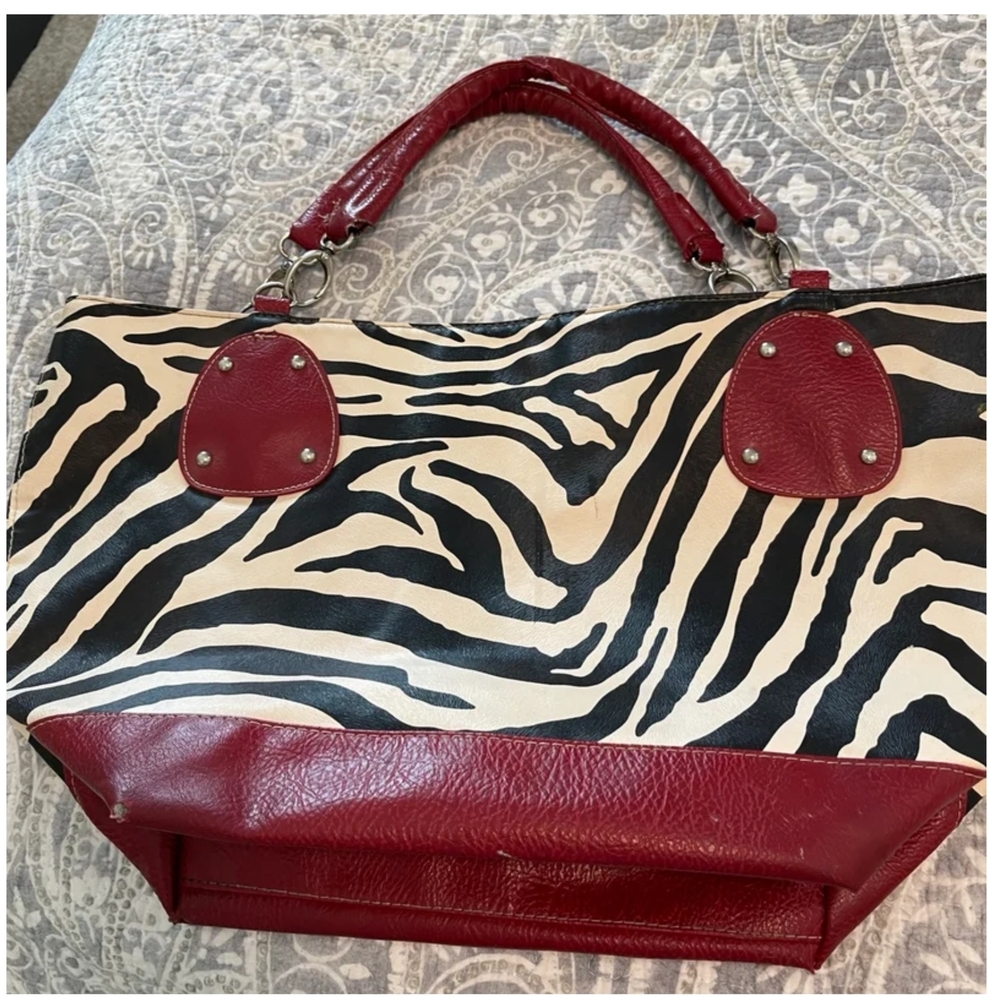 Zebra Print Tote Bag with Red Leather Accents